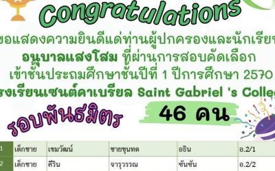 รายชื่อนักเรียนสอบเข้าโรงเรียนเซนต์คาเบรียล รอบพันธมิตร เข้าป.1 ปีการศึกษา 2570 รวม 46 คน