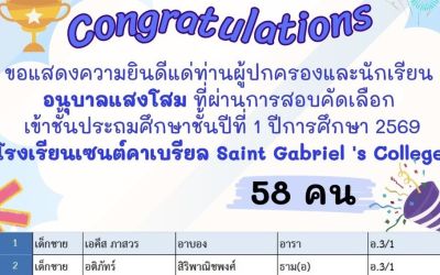 รายชื่อนักเรียนสอบเข้าโรงเรียนเซนต์คาเบรียล เข้าป.1 ปีการศึกษา 2569 รวม 58 คน
